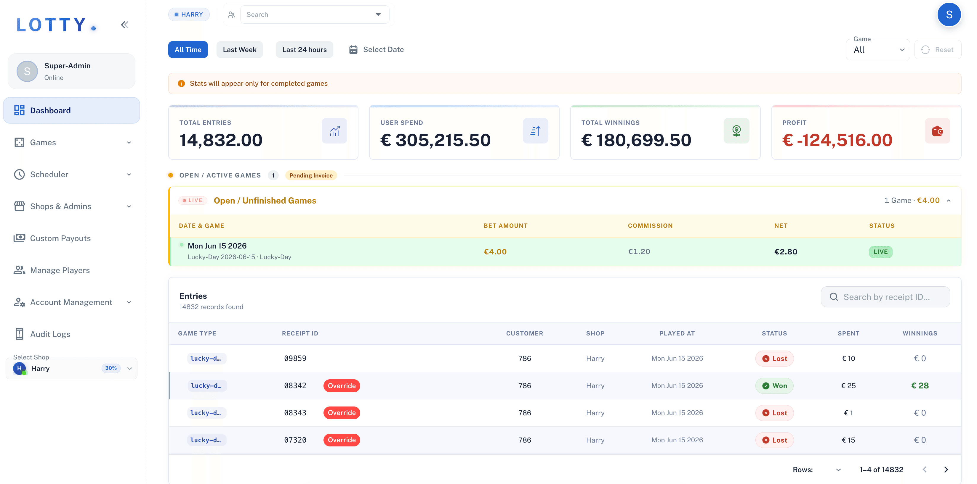 Lottery management dashboard interface from a TkTurners software project.