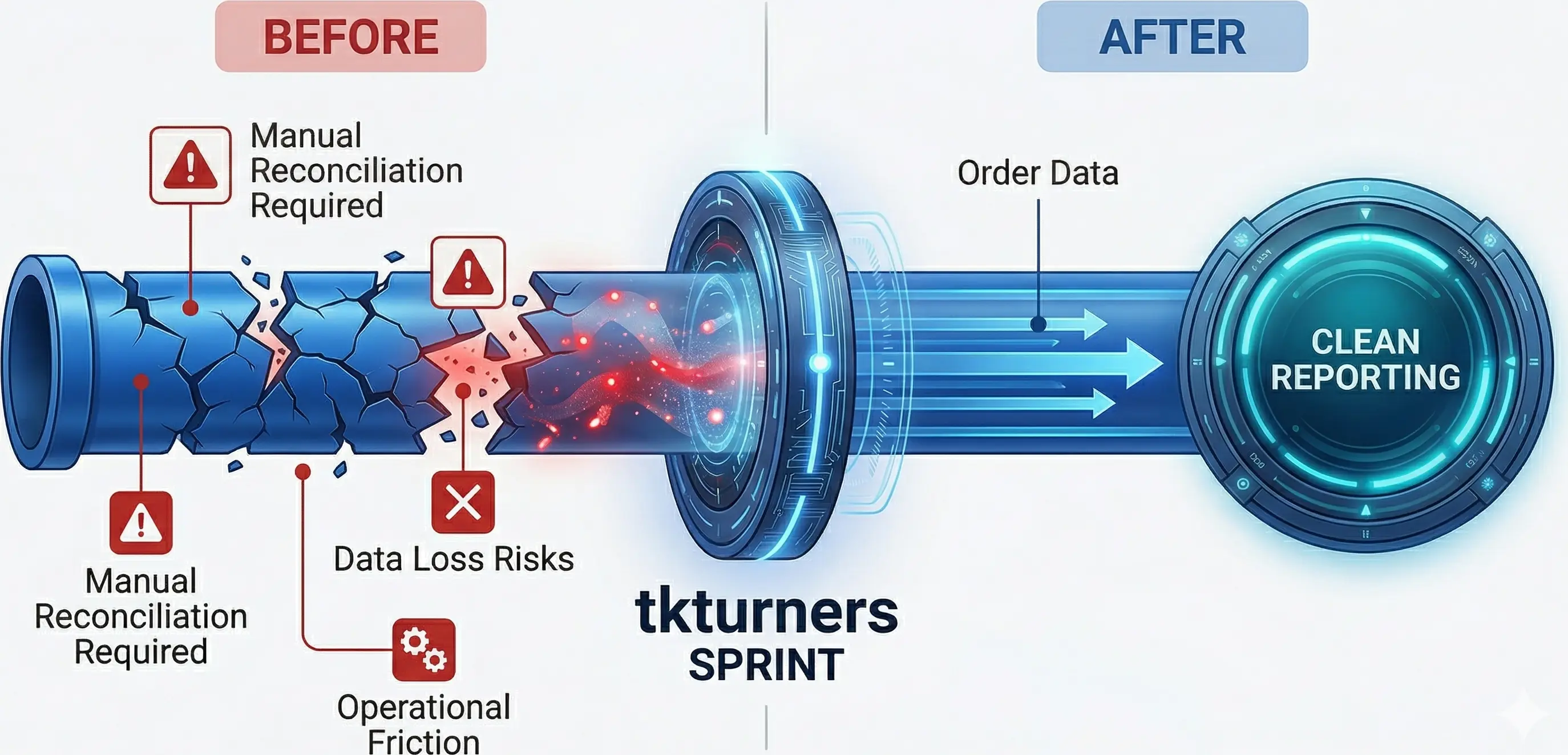 Integration Foundation Sprint diagram showing payment discrepancies, manual reconciliation, and clean reporting after a payment gateway sync fix.
