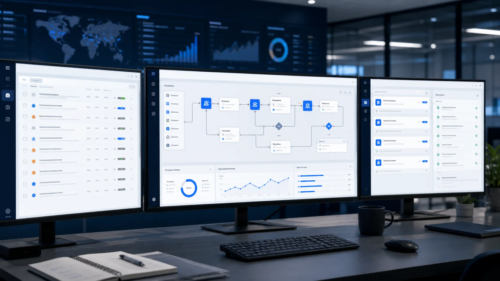 AI automation command center showing workflow routing, inbox triage, CRM updates, and approval checkpoints