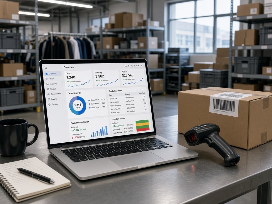 Retail ops desk with order reconciliation dashboards, carton, and barcode scanner