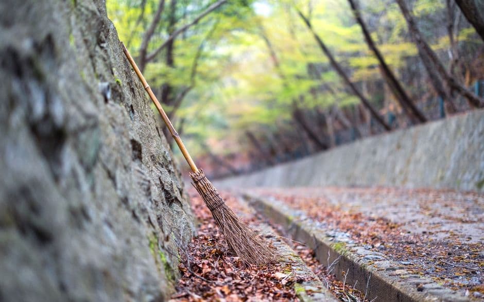 A rustic broom leans against a wall on a leaf-strewn path in a serene autumn park.