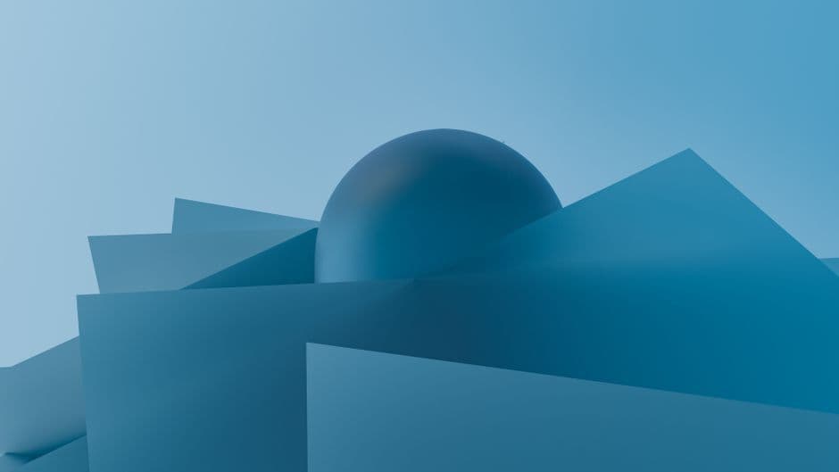 A modern abstract 3D render with blue geometric shapes and a sphere.