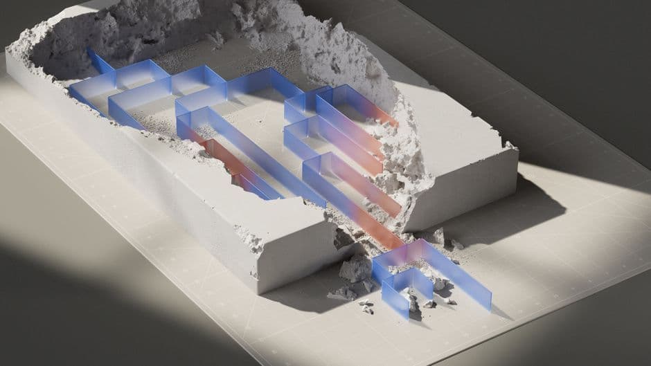 A conceptual 3D artwork featuring geometric patterns in a simulated excavation.