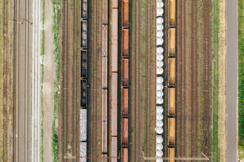 High-angle view of freight trains and tracks in Poznań, Poland.